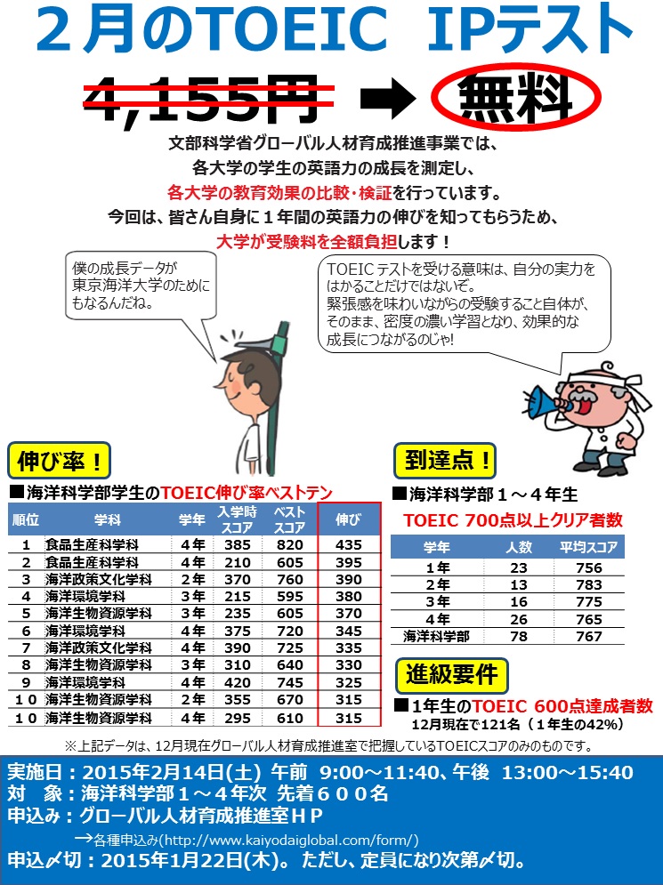 各種申込み：【無料】2月 TOEIC IPテスト｜国立大学法人東京海洋大学 グローバル教育研究推進機構